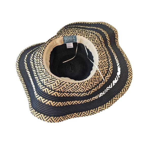 Scala Women's Beige Grey Striped One Size Foldable Floppy Wide Brim Sun Hat - Picture 5 of 6